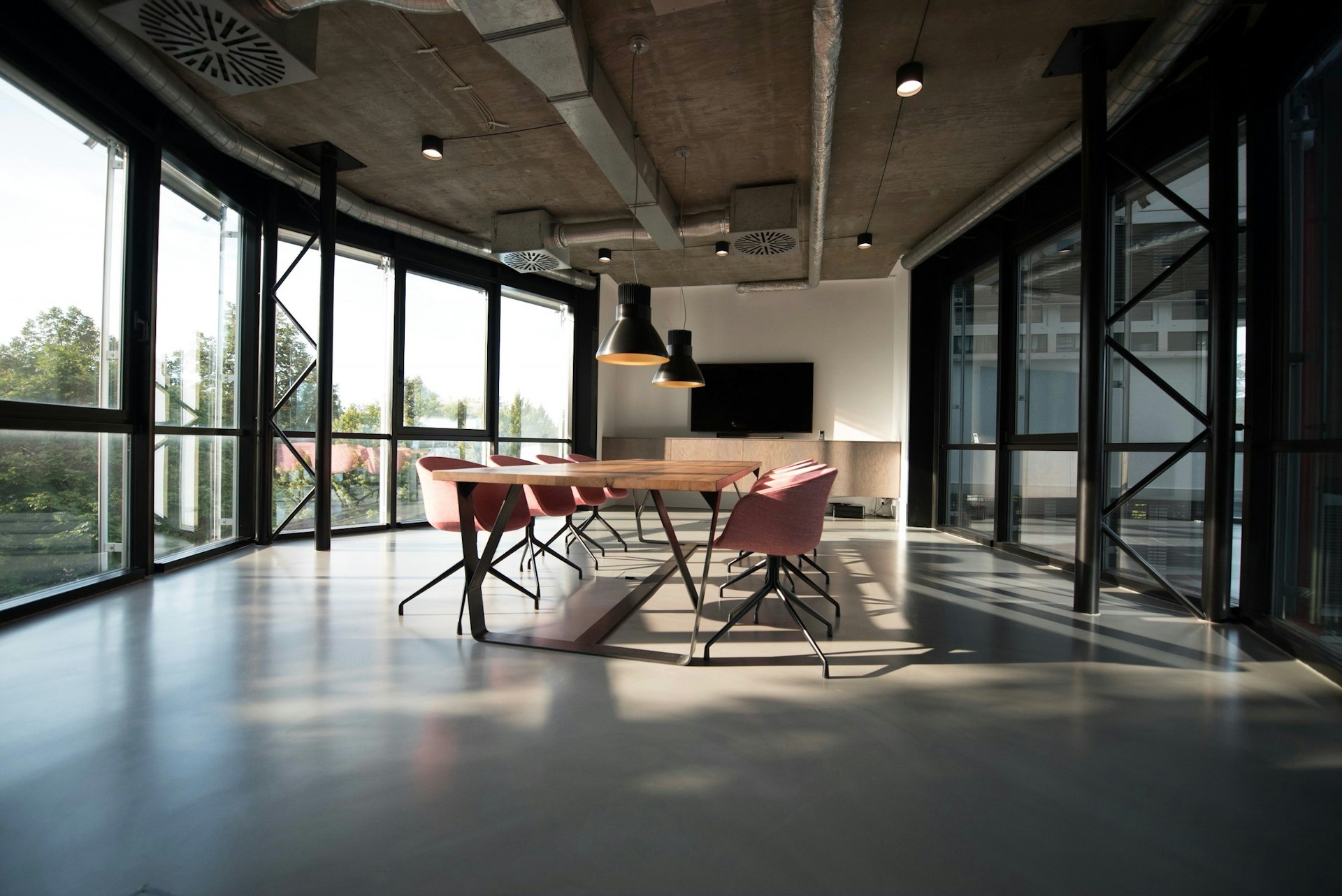 Studio space in the evening with warm ambient lighting